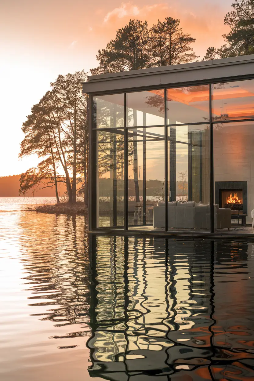 A photo of a modern glass-walled lakefront home at sunset. The home has a spacious living area with a fireplace and a wall of windows looking out over the lake. The floor-to-ceiling windows allow the natural light to fill the space. The reflection of the home and the surrounding landscape is visible on the still water. The sky is painted with warm hues of orange and pink. The trees near the water have a silhouette against the setting sun.