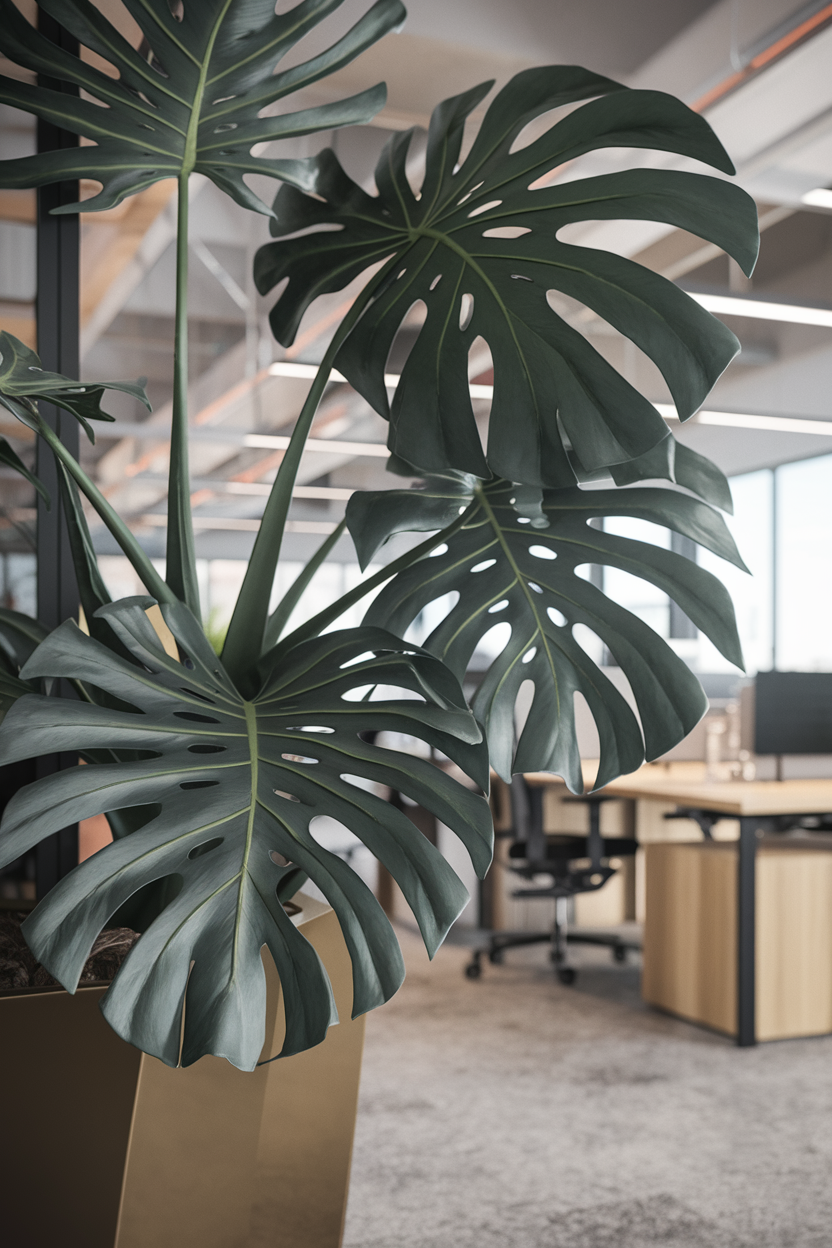 A close-up photorealistic image of a large Monstera Deliciosa with distinctive split and perforated leaves. The plant is in a stylish floor planter beside a desk area in a contemporary office space. The office has a professional but creative atmosphere with clean lines and neutral tones. The soft natural light emphasizes the plant's unique leaf patterns. The composition showcases how the plant's dramatic form transforms the office environment.