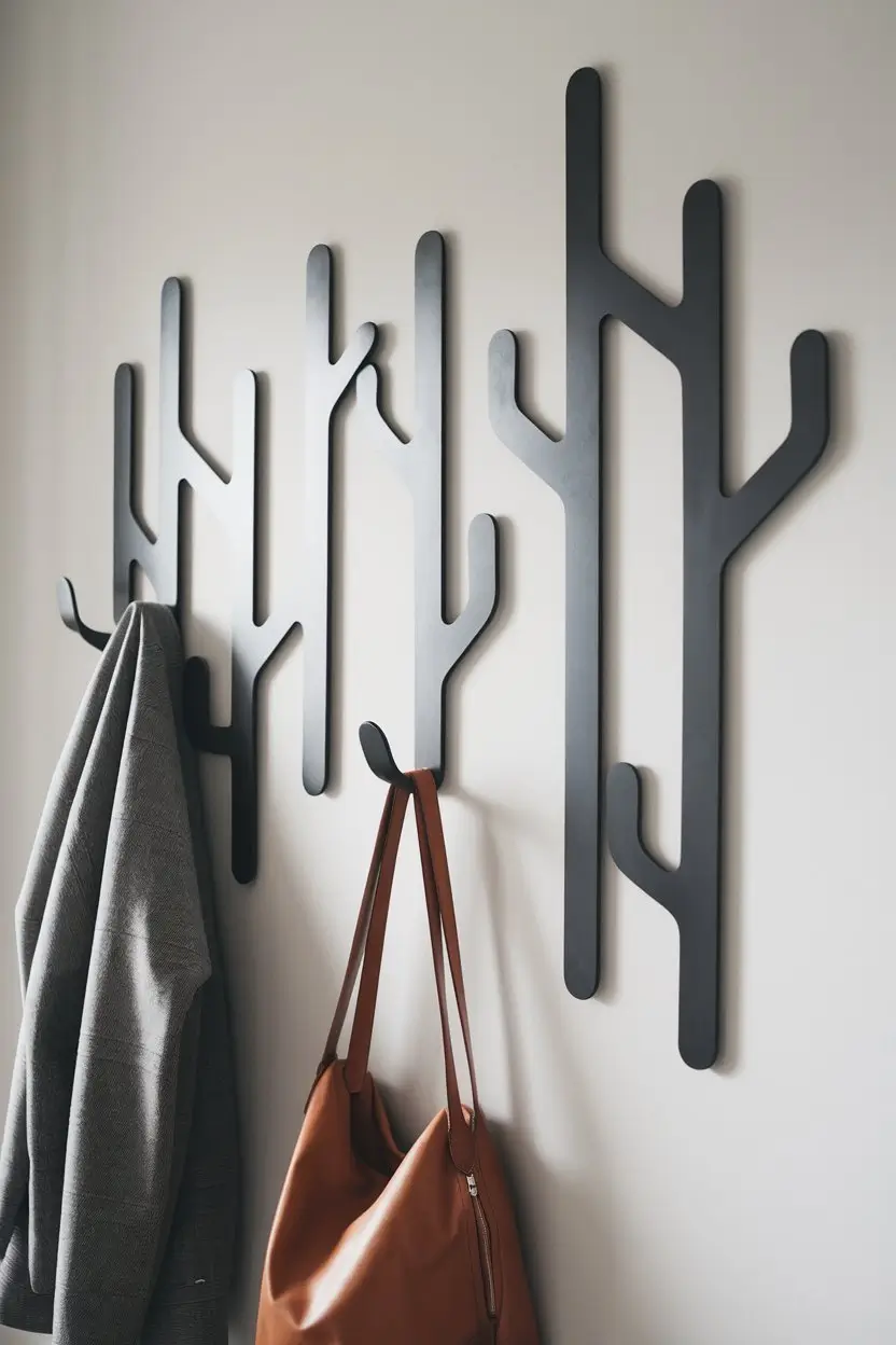 A photo of a modern, Scandinavian hallway with a wall adorned with creatively arranged wall-mounted hooks resembling abstract tree branches. The hooks are in matte black against a white wall, holding coats and bags of varying sizes. There is a rug on the floor, and the room has a door to the left.
