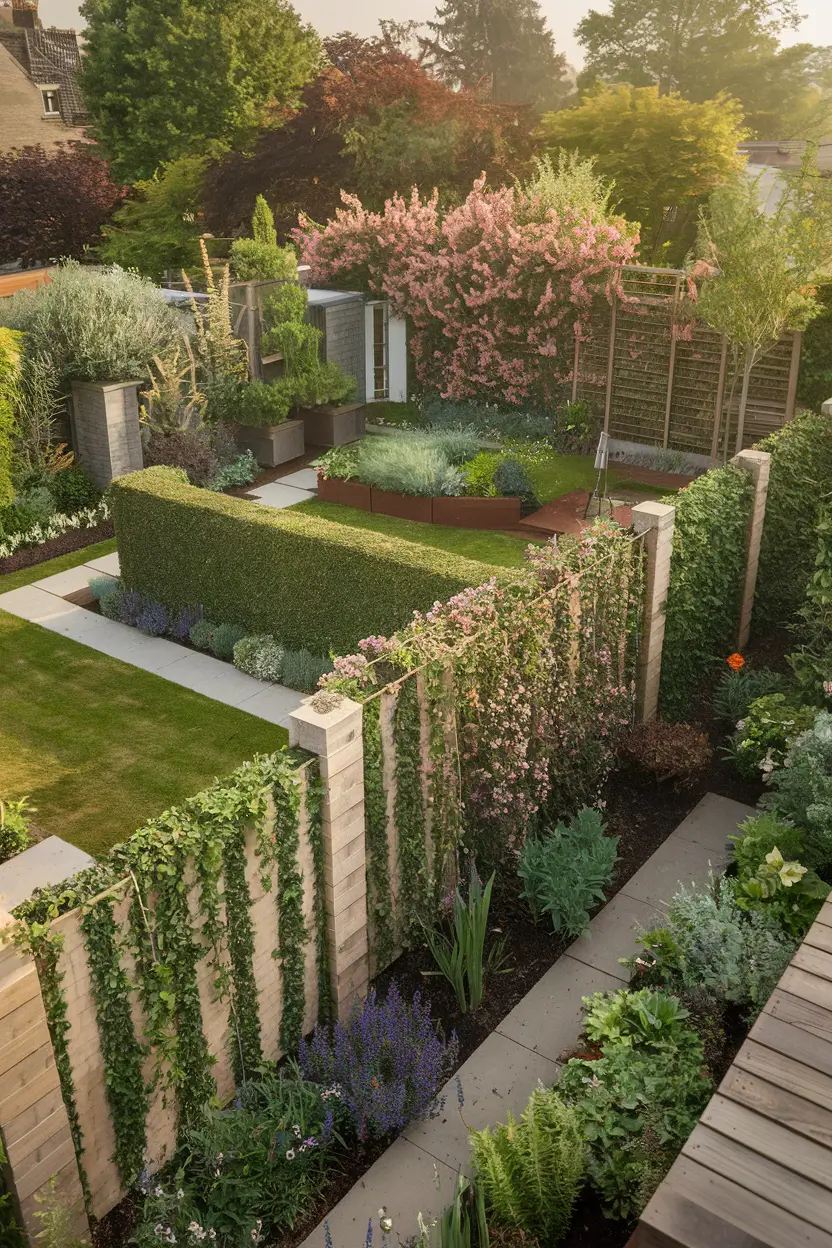 A photorealistic aerial drone photograph of a residential garden with multiple living fence styles. There are flowering climbers on a trellis, structured hedges, and a vertical plant wall. The garden is bathed in soft morning light, with rich green tones and pops of flowering color. The garden pathways are clearly visible, separating areas with different boundary treatments.
