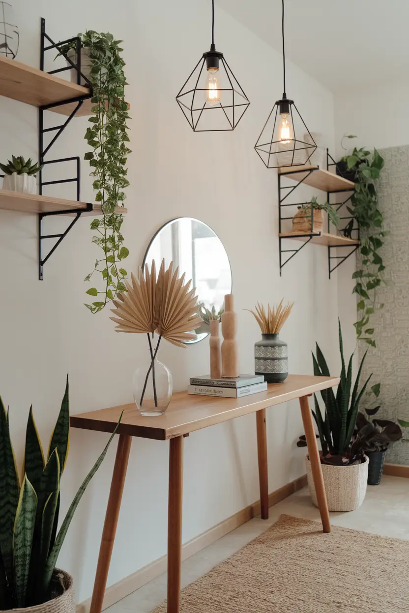 A photo of a Scandinavian-inspired hallway with a wooden console table. The table has a few decorative items. Hanging above the table are pendant lights with geometric designs. The lights have black metal frames and frosted glass bulbs. The walls have wooden shelves with plants. The floor is covered with a beige rug.