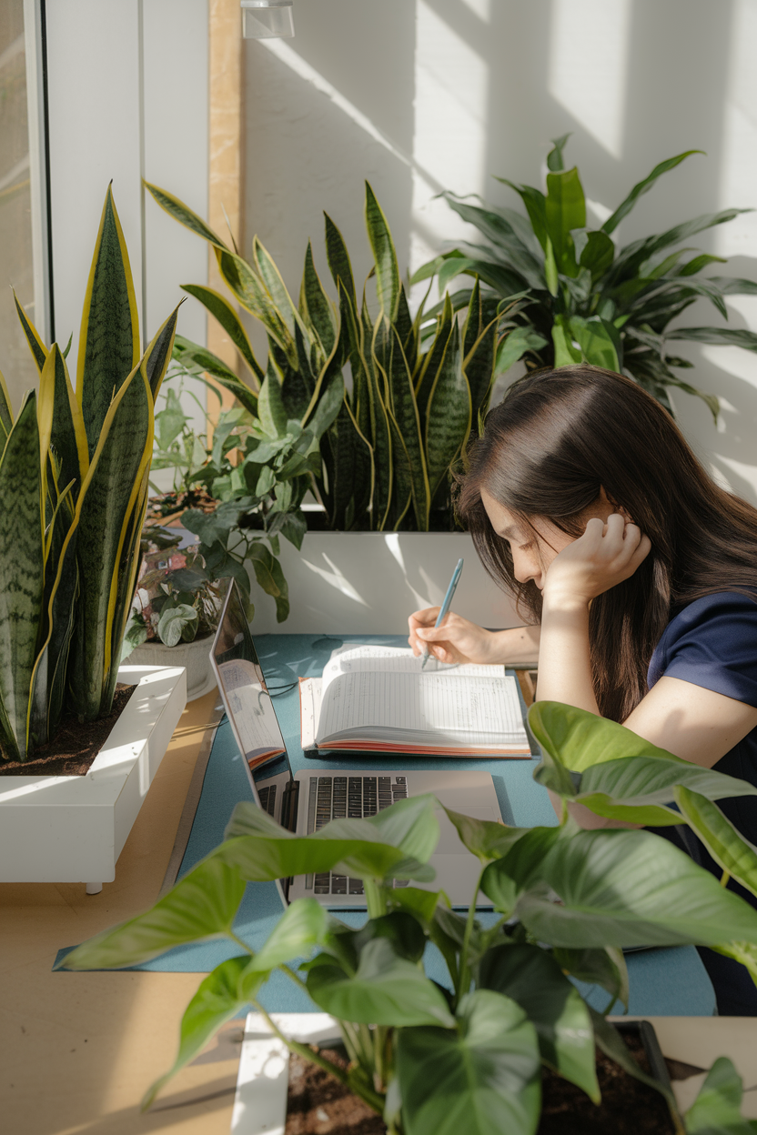 A photo of a student or professional working effectively at a desk. There are several thriving plants strategically placed in the work area, including snake plants and pothos. The person has their head down and is deeply focused on their work. There is an open book and a laptop on the desk. The space is illuminated by natural light, and the plants cast gentle shadows. The composition suggests improved concentration and cognitive function due to the presence of plants. The photo has been taken with professional photography equipment, with attention to the working environment and plant placement.