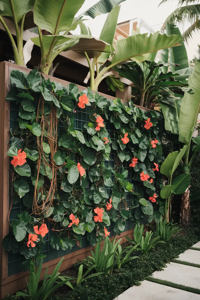 A tropical-inspired living fence in a private garden. The fence is made of passion flower vines, climbing tropical hibiscus varieties, and ornamental bananas. The fence is in front of a structure. The overall atmosphere is resort-like. The tropical species have oversized leaves and dramatic flowers, creating a distinctive visual statement that transforms the ordinary boundary into an extraordinary garden feature.