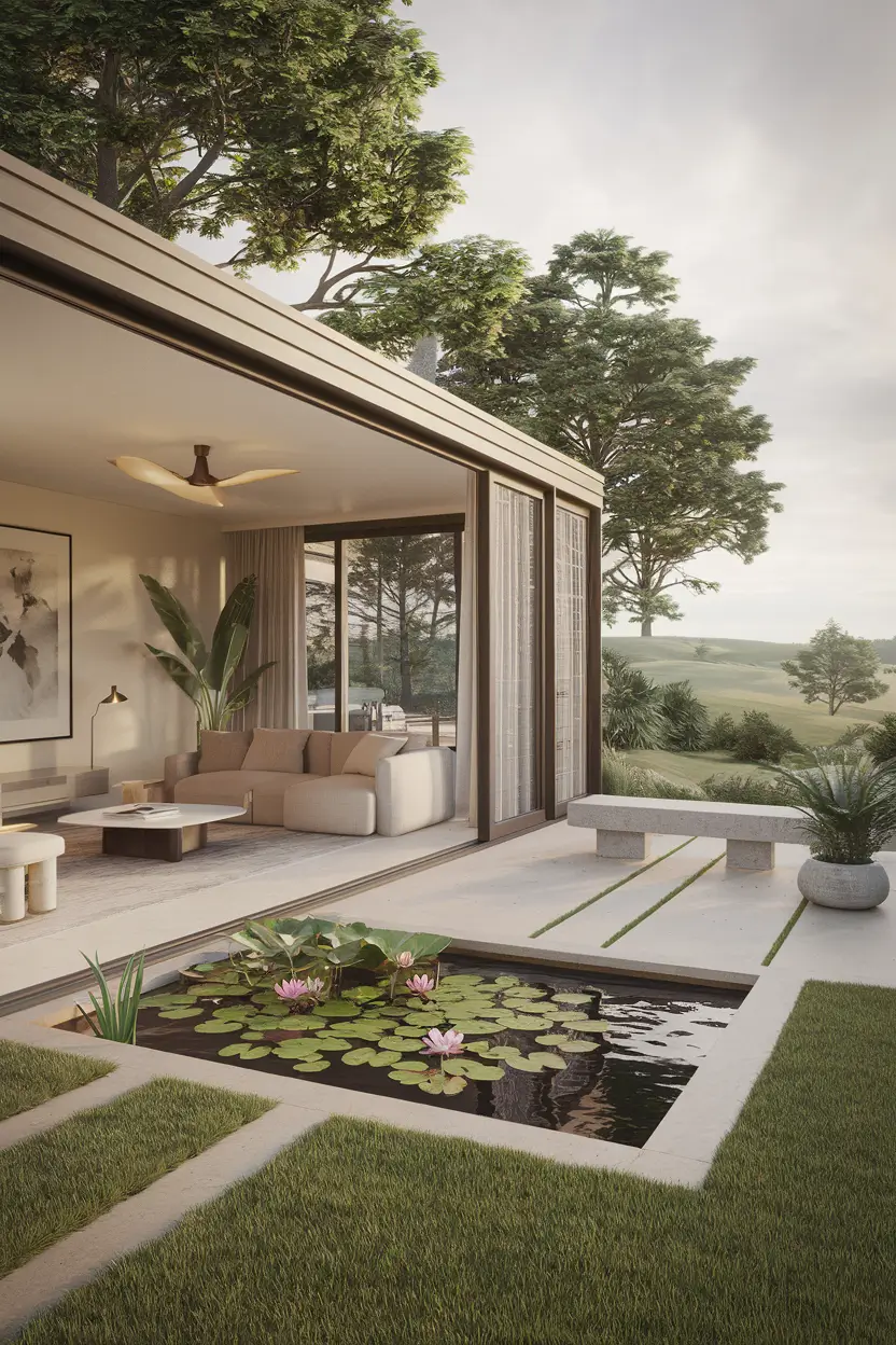 A rendered cross-section of an eco-home's indoor-outdoor living space. The space features a large, retractable glass wall that opens to a naturalistic garden with a small pond. The garden contains various plants, trees, and rocks. There is a wooden deck outside the glass wall. The indoor space contains a sofa, a coffee table, and a potted plant. The ceiling has a skylight. The overall design is modern and sustainable.