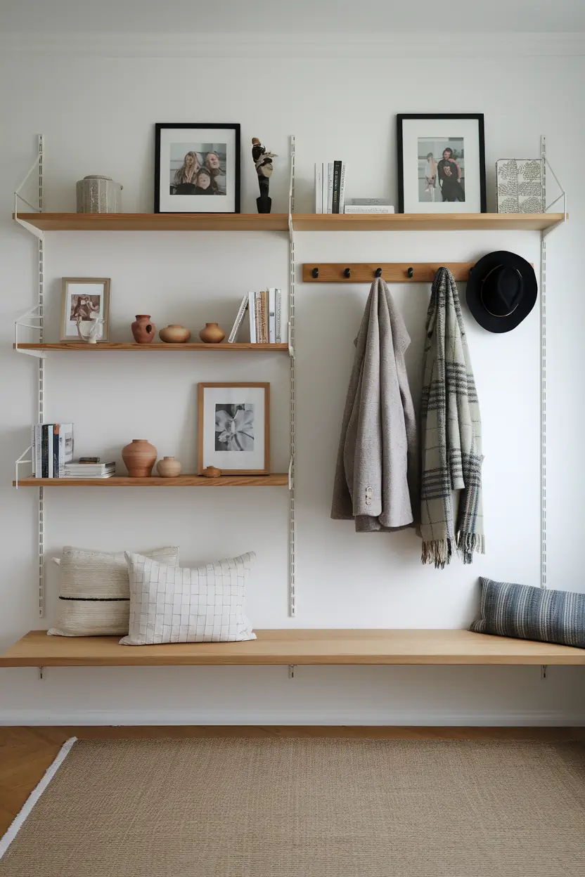 A photo of a minimalist Scandinavian entryway with floating wooden shelves. The shelves display personal items like framed family photos, small books, and handcrafted pottery. There is a coat rack with a few coats and a hat. The floor is covered with a large rug. The walls are painted white.