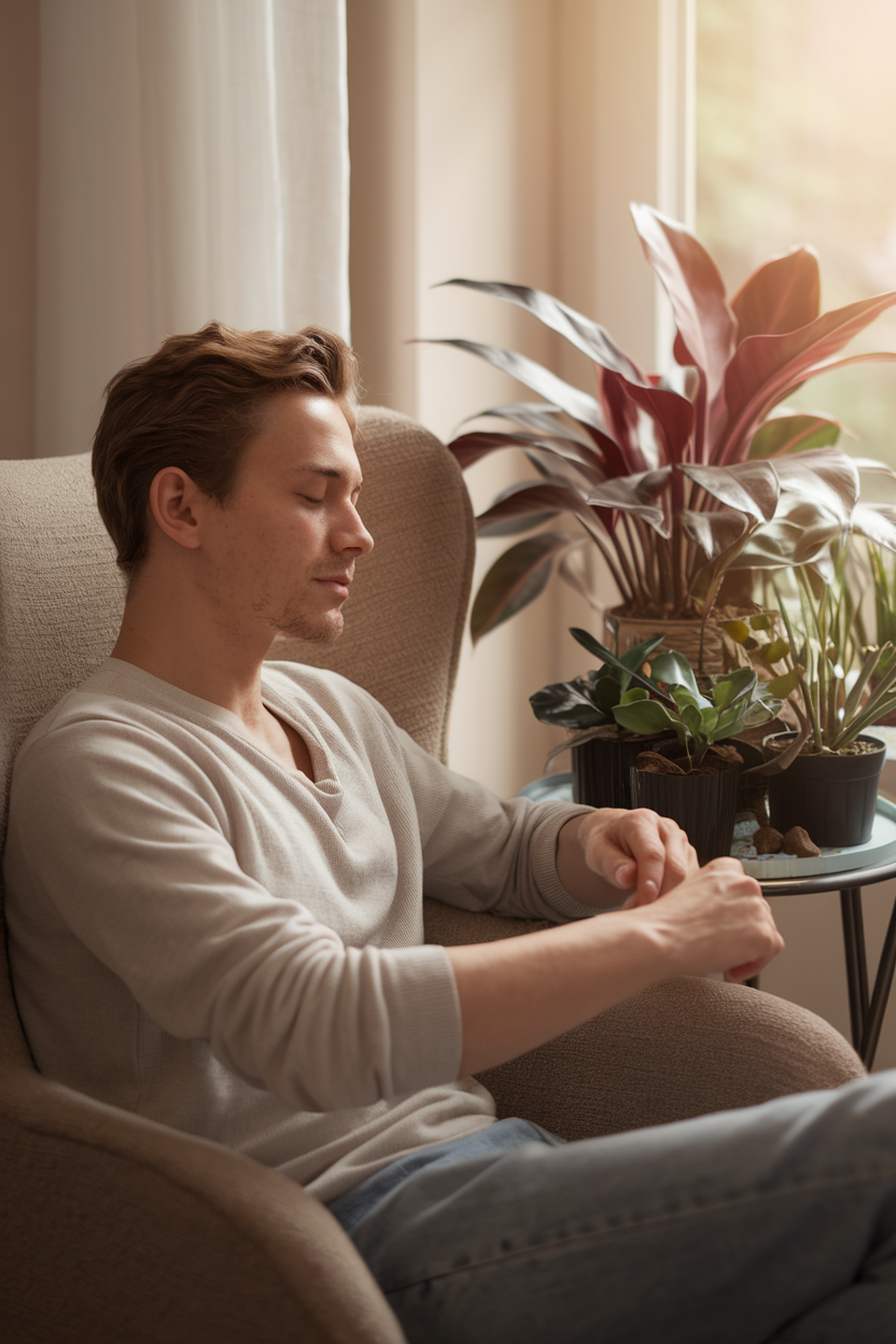 A photorealistic photo of a man with a relaxed expression sitting in a comfortable chair beside a window. He is gently tending to a collection of indoor plants on a side table. The lighting is soft and warm, creating a calming atmosphere. The man is at peace while touching the soil or leaves of a plant.