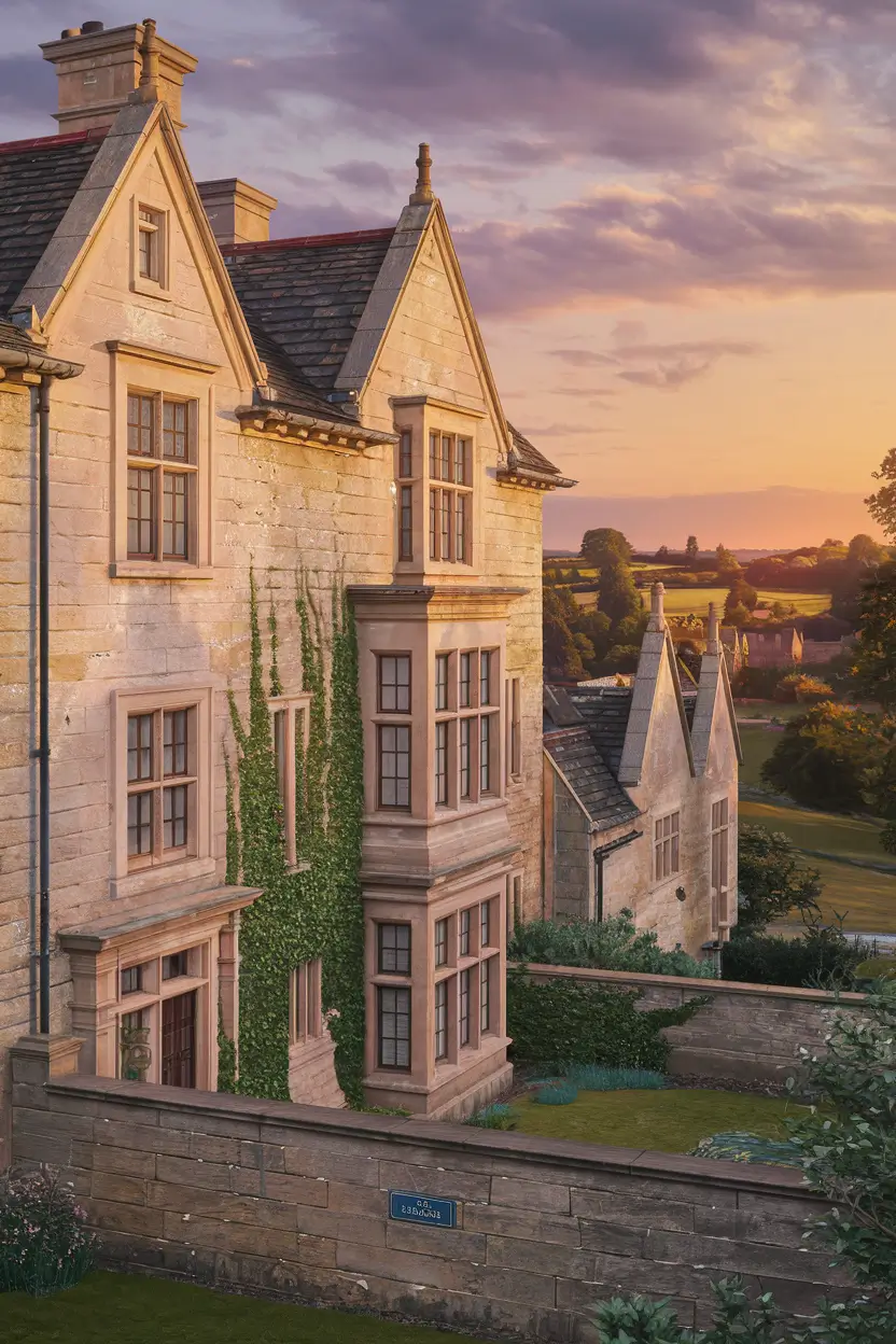 A hyper-realistic digital painting of The Stonehouse in Gloucestershire, with its locally-quarried stone exterior perfectly complementing the Cotswold landscape at sunset. The building has multiple stories, with a mix of square and arched windows. Ivy grows up the stone walls. The landscape in the background is dotted with trees and other stone buildings. The sky is a mix of orange and purple hues.