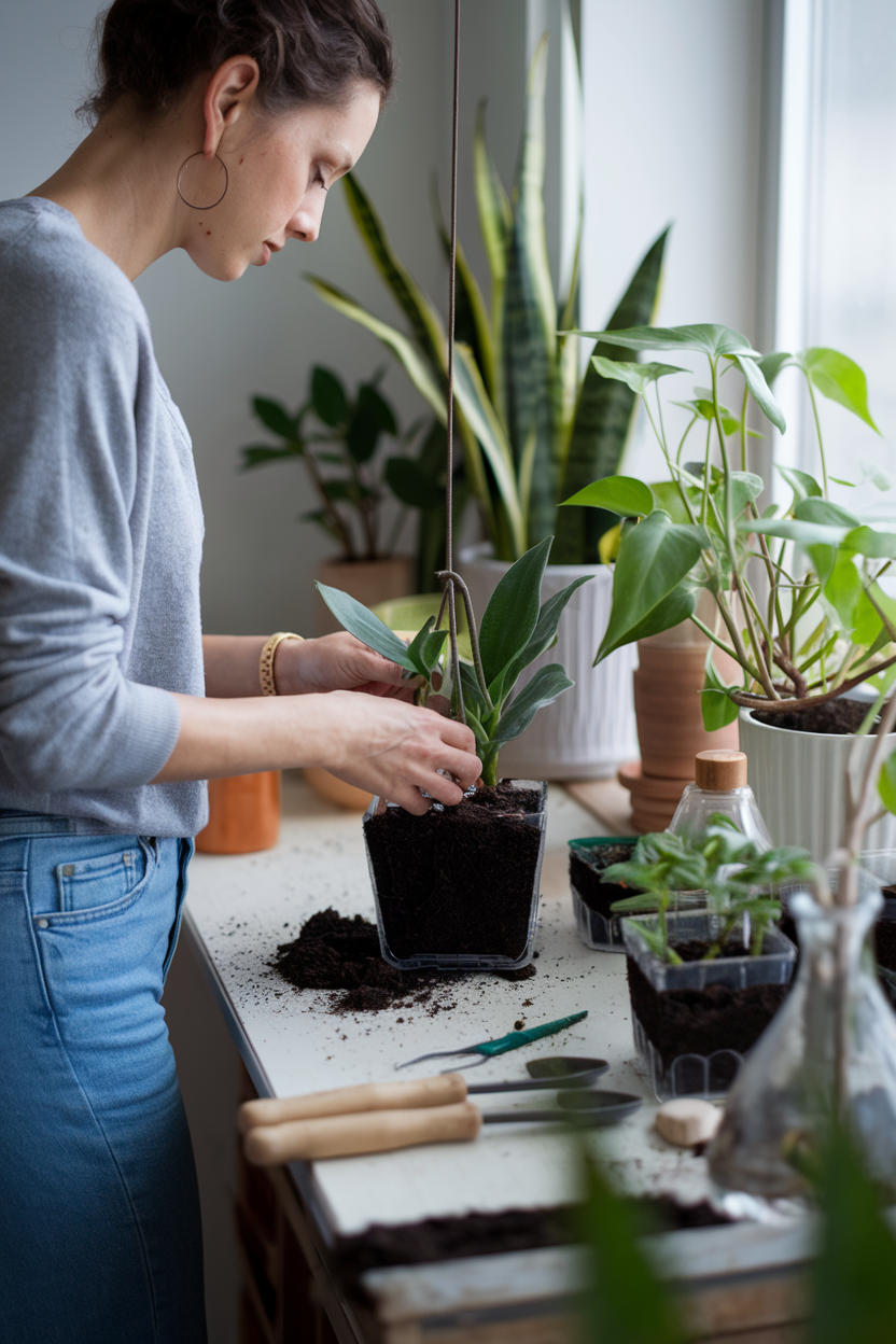 A lifestyle photo of a person in casual, comfortable clothing engaged in repotting or pruning indoor plants at a well-organized plant station or table. The person has a visibly relaxed, focused expression and body language. There are plant tools, fresh soil, and various healthy plants in the composition. The lighting is natural and calming. The environment feels tranquil yet productive. The image subtly communicates the stress-reducing benefits of interacting with plants. The photo has an authentic, not overly posed feel.