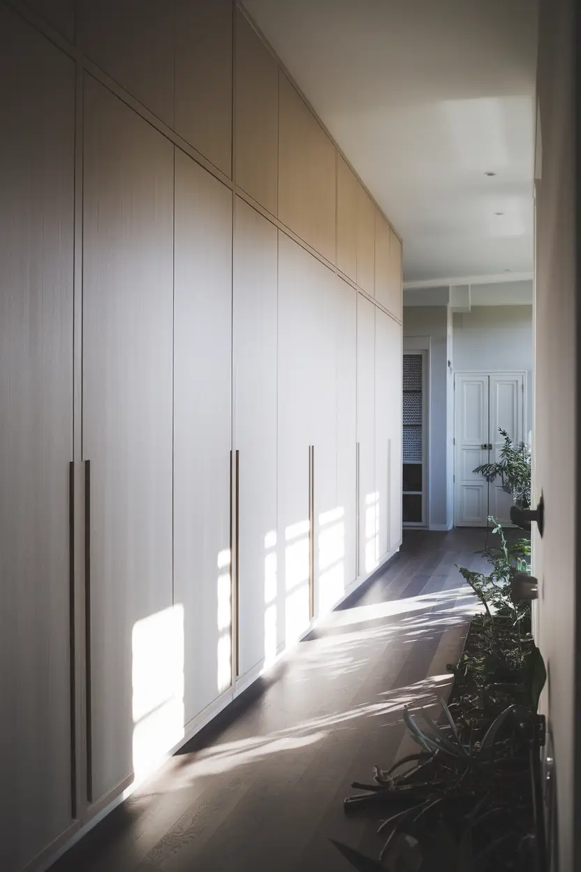 A sleek, Scandinavian-style hallway with floor-to-ceiling built-in cabinetry in light wood tones. The cabinetry has minimalist sliding doors and subtle recessed handles. The space is narrow and has natural light streaming in from an adjacent room. The floor is made of dark wood. There is a plant near the wall. The walls are painted in a light gray color.