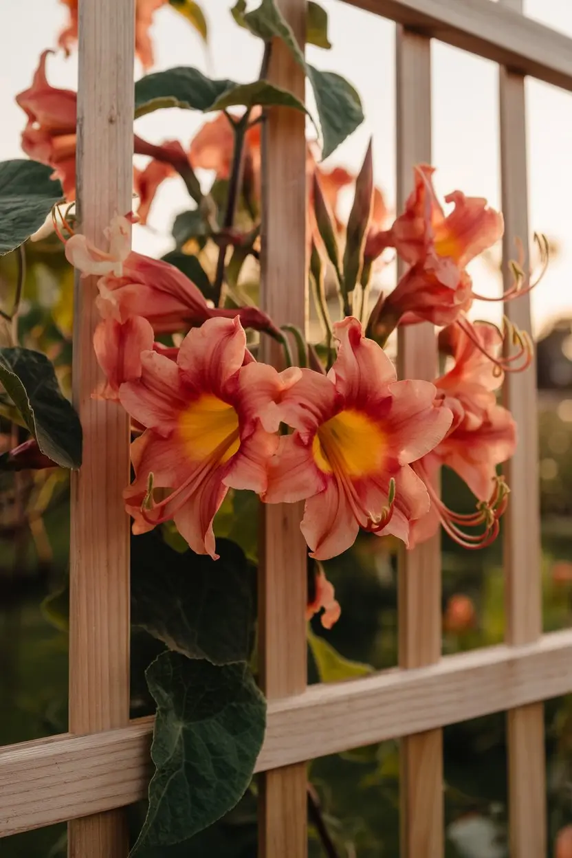 A photo of a close-up of Crossvine 'Tangerine Beauty' in full bloom against a natural wood privacy fence. The trumpet-shaped orange-red flowers have yellow throats, and the warm sunset lighting enhances their coloration. The flowers have visible tendrils attaching to the fence structure. The image has a pristine botanical garden quality and crisp details.