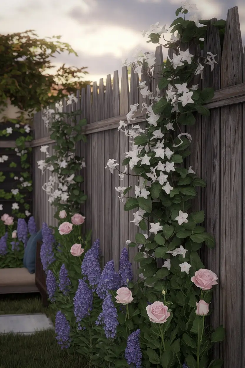 Atmospheric garden boundary featuring a collection of fragrant climbing plants. Star jasmine white flowers, heritage roses, and sweet pea blooms intermingling along a rustic wooden fence, soft evening light, romantic garden setting suggesting the sensory experience, visible garden seating area nearby, photorealistic garden photography.