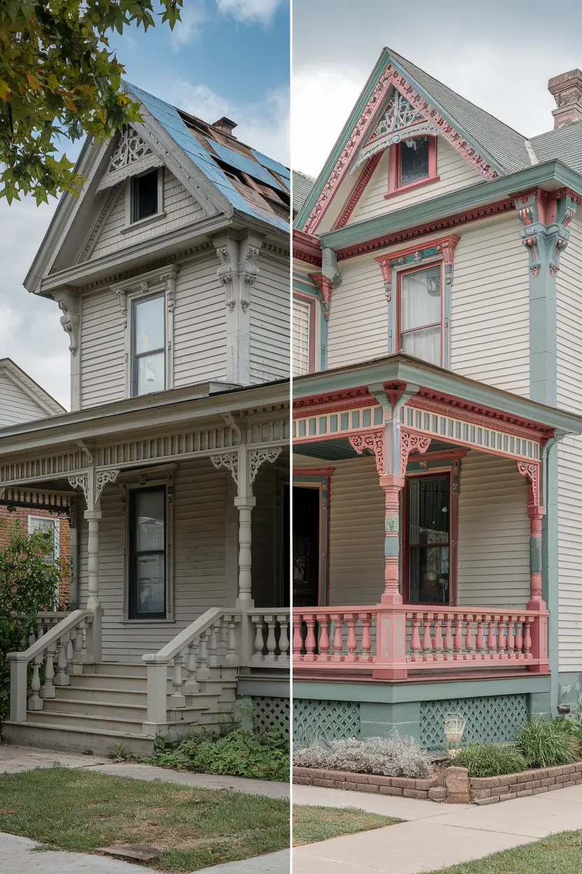 A before and after photo of a Victorian home exterior renovation. The left photo shows a neglected Victorian house with a missing roof shingle, broken porch railings, and an overgrown yard. The right photo shows the meticulously restored facade with ornate gingerbread trim painted in contrasting colors, a rebuilt wraparound porch with detailed balusters, a new historically-accurate roof, and manicured landscaping with period-appropriate plantings. The photo has an architectural photography style.