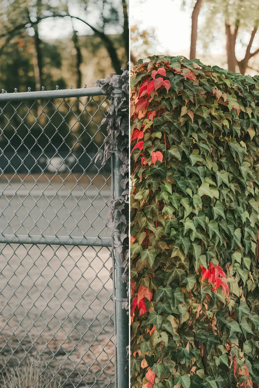 A photo of a chain link fence with a side-by-side comparison. On the left, the fence is bare metal. On the right, the fence is completely transformed by lush Boston ivy coverage. Seasonal progression is visible with some leaves showing autumn red coloration. The photo is a realistic garden photography with mid-day lighting, showcasing the dramatic transformation.