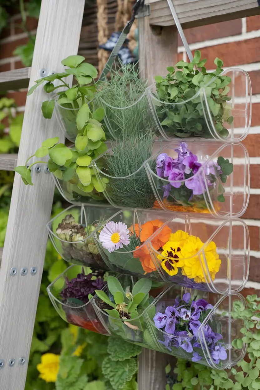 Clever repurposed clear pocket shoe organizer hanging on a garden wall filled with various culinary herbs and edible flowers. Each pocket containing different plant varieties with identifying labels, organized but natural appearance, bright natural lighting showcasing the fresh green herbs, practical home garden solution, photorealistic style