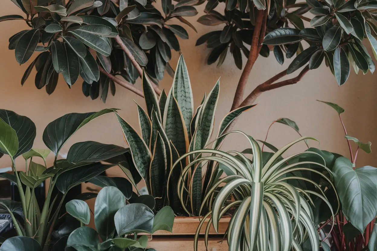 A photo of a houseplant arrangement with a variety of plants. There is a large ficus tree in the background, with its branches reaching out. In the foreground, there are a snake plant, a pothos, and a spider plant. The plants are placed on a wooden stand. The background has a beige wall.