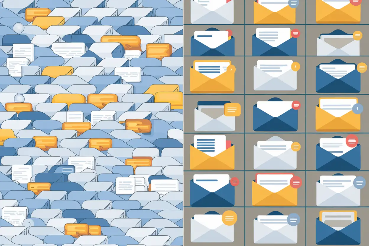 A side-by-side comparison of a cluttered email inbox with thousands of unread messages and a neatly organized, clean inbox with categorized folders. The left side shows the cluttered inbox with a multitude of unread messages. The right side displays a clean, organized inbox with various folders, each containing a different category of emails.