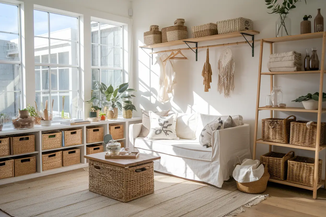 A Organized Room with a Shade Window