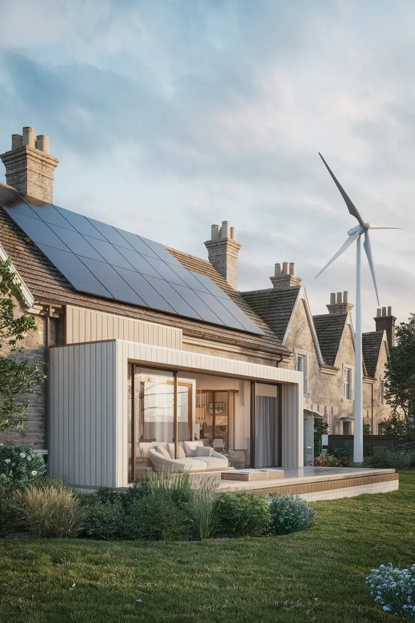 An architectural rendering of an eco-home with elegantly integrated solar panels and a small wind turbine. The home is set against a backdrop of traditional English cottages. The eco-home has a modern design with large windows and a sloping roof. The solar panels are mounted on the roof and the wind turbine is standing near the eco-home. The overall scene has a serene atmosphere with a clear sky and lush greenery.