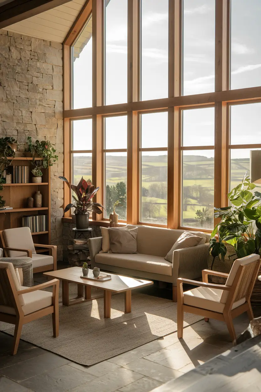 An interior photo of an eco-home living room with sustainable furniture. There is a beige sofa, a few chairs, a coffee table, and a bookshelf. The room has a few potted plants and a rug. The walls are made of stone. There are large windows with wooden frames that provide a view of the picturesque English countryside. The room is illuminated by warm natural light.
