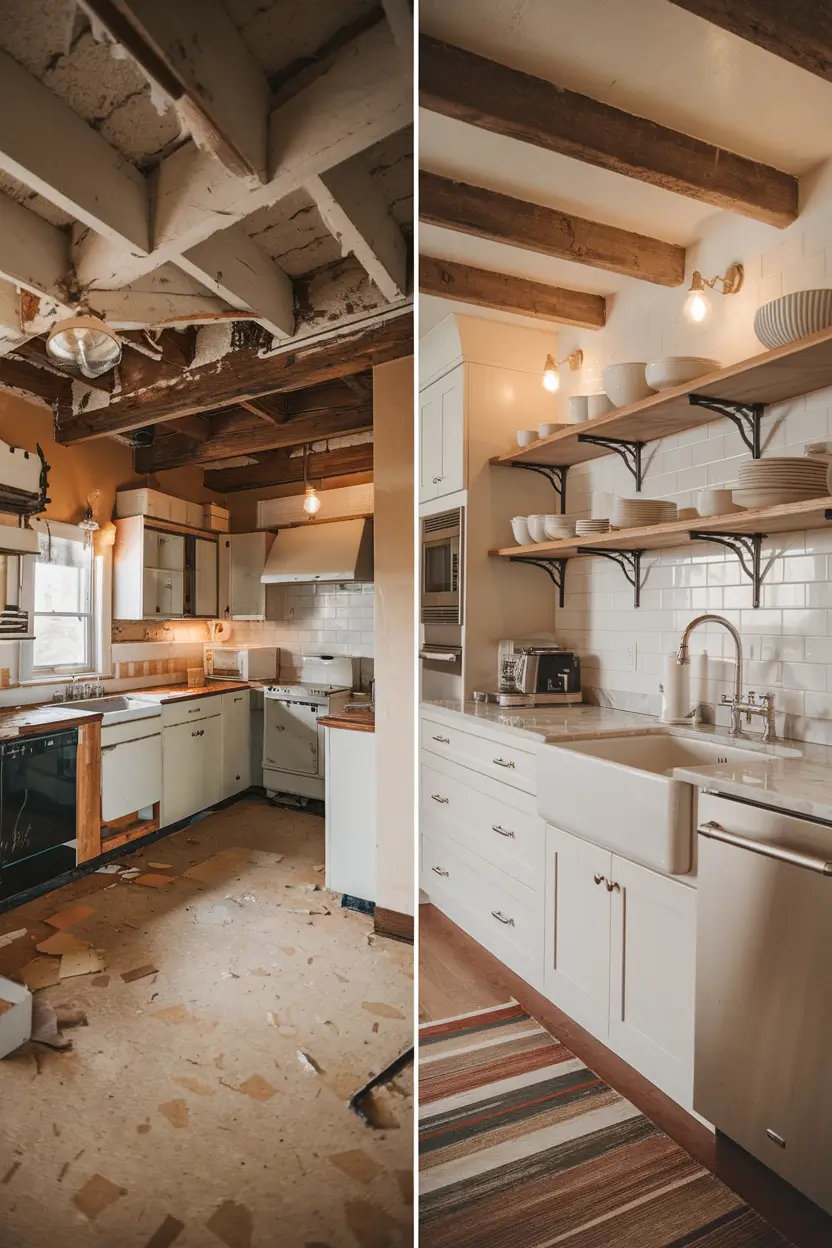A side-by-side comparison of a farmhouse kitchen renovation. The left photo shows a dilapidated space with peeling linoleum, outdated appliances, and damaged cabinetry. The right photo shows the transformed modern farmhouse kitchen with exposed original wooden ceiling beams, reclaimed wood open shelving, a farmhouse sink, shaker cabinets, marble countertops, and modern stainless steel appliances integrated seamlessly. There is warm lighting in the space. The photos were taken for interior design photography.