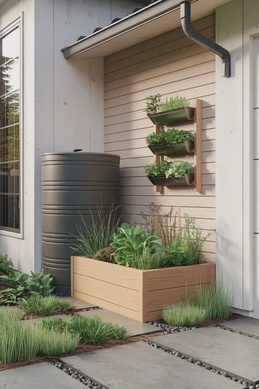 A photorealistic close-up of eco-friendly home features. There's a stylish rain barrel, a raised bed with native plants, and a small vertical herb garden on a modern house exterior.