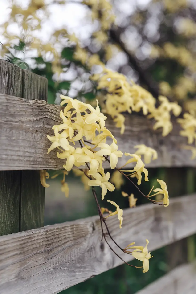 A photo of winter jasmine with bright yellow star-shaped flowers cascading gracefully over a weathered wooden fence in full bloom. The photo is taken from a close perspective, showing the contrast between delicate flowers and woody stems. The background is soft and blurred, with a slight bokeh effect. The overall image has a photorealistic garden photography style.