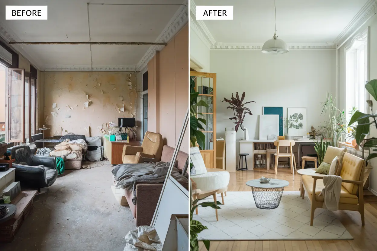 A before-and-after renovation image of a room. The before photo shows a cluttered space with worn-out furniture, peeling paint, and dust. The after photo reveals a healthier space with clean lines, new furniture, a fresh coat of paint, and minimal decor. The room is filled with natural light, and there are plants in the space.