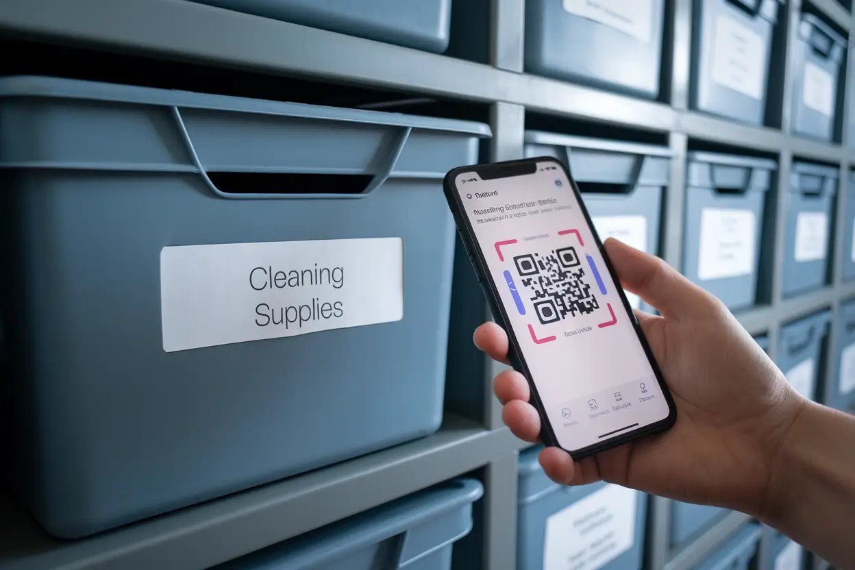 A photo of a smartphone scanning a QR code on a labeled storage bin. The smartphone is displaying a digital inventory app that tracks household items. The storage bin is labeled "Cleaning Supplies". There is a background of other labeled storage bins. The overall image has a modern and organized aesthetic.