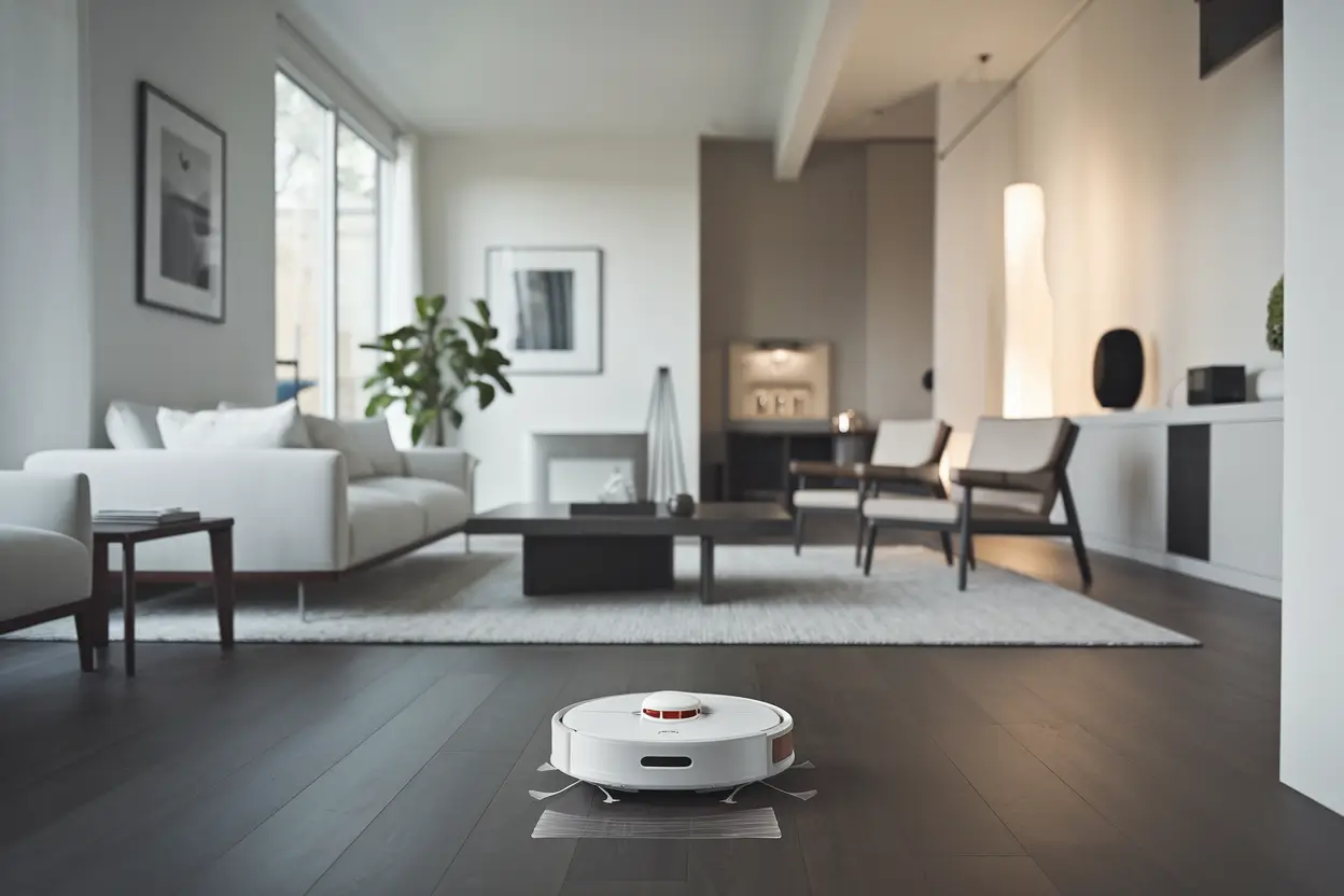 A photo of a robotic vacuum cleaner navigating a sleek, clutter-free modern living room. The room has a sleek design with a white sofa, a coffee table, and a few chairs. There's a plant in the corner. The walls have a few pictures hanging on them. In the background, there are smart lighting devices and a voice assistant device on a shelf. The floor is made of dark wood.