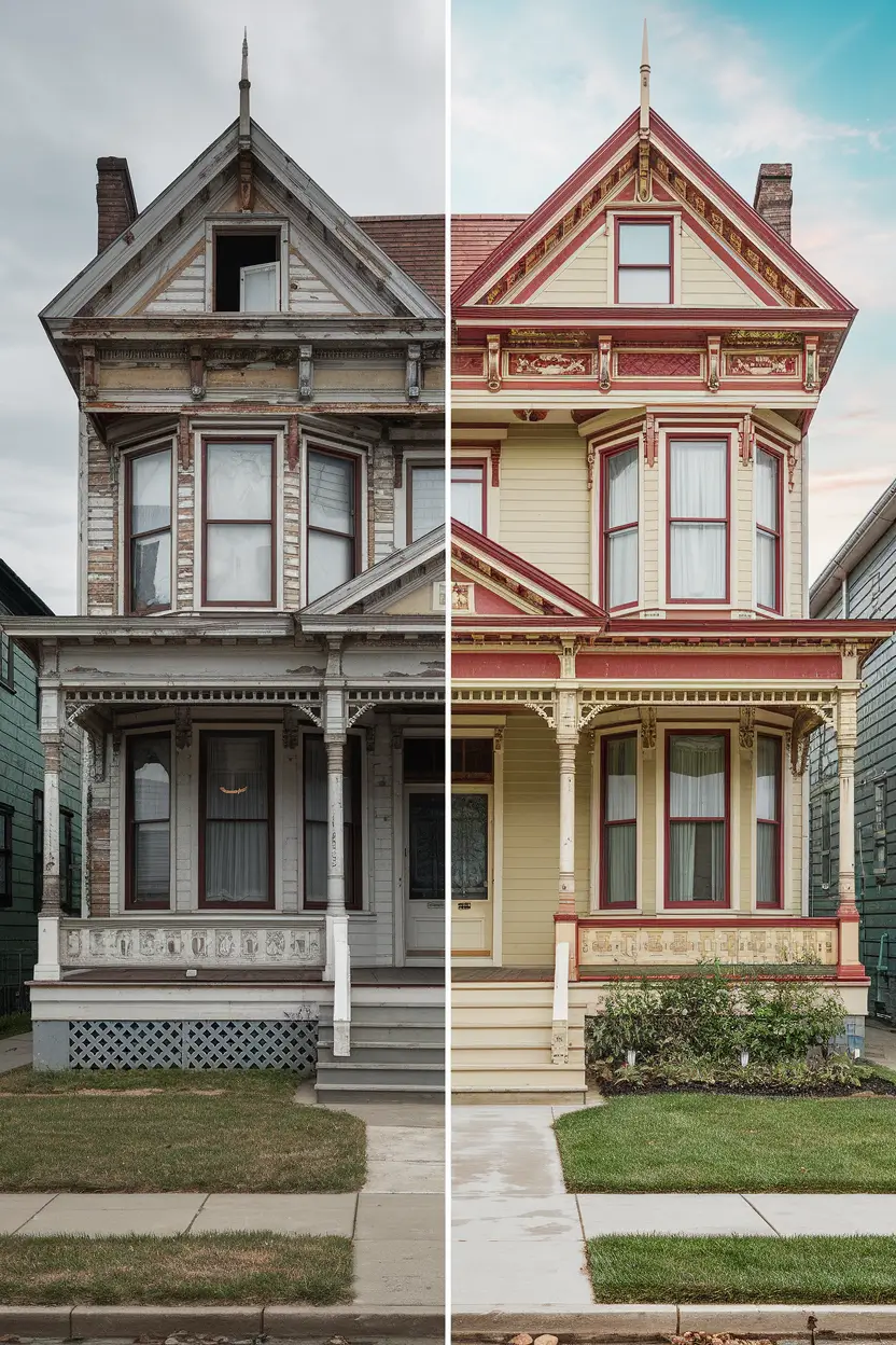A side-by-side comparison of a historic Victorian home before and after its transformation. On the left, the house has peeling paint, broken windows, and a sagging porch. On the right, the house has been restored with vibrant period-appropriate paint colors, repaired ornate trim, polished windows, and a landscaped garden. The photographs have been taken in matching lighting conditions and have a photorealistic style.