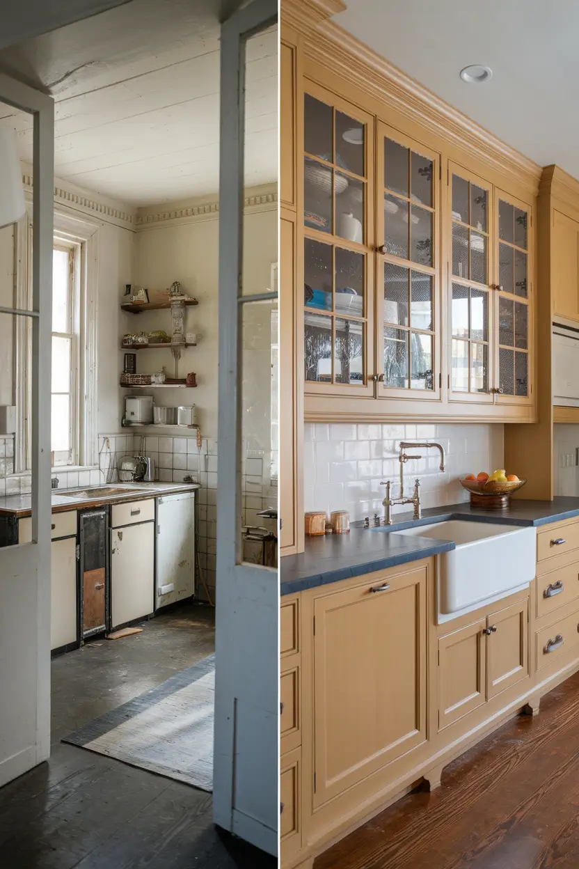 A photo of a before-and-after transformation of a historic kitchen. On the left, the original kitchen has a small space with closed-off rooms, outdated appliances, and damaged cabinetry. On the right, the renovated kitchen has an expanded space with modern functionality while respecting the period details. The new kitchen features custom cabinetry with glass-front upper cabinets, soapstone countertops, a farmhouse sink, and high-end appliances concealed behind panels matching the cabinetry. The photo has a professional real estate photography style.