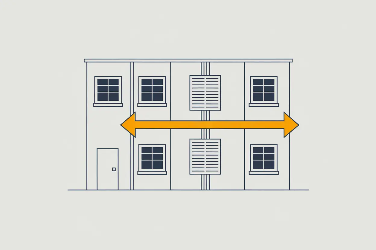 A diagram illustrating the cross-ventilation in a building. There are two windows on the left side of the building and two windows on the right side. A arrow is shown, depicting the airflow from the left side to the right side of the building. The building is represented as a rectangle with a door on the bottom left corner.