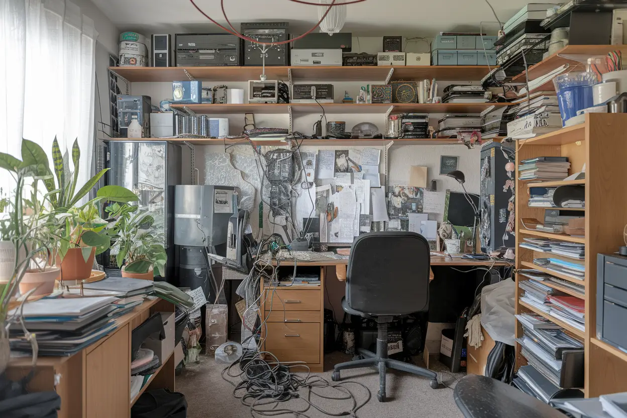 A photo of a cluttered home office with tangled cables, overflowing shelves, and messy piles of papers. The room has a desk, a chair, and a few other pieces of furniture. There are plants in the room, and a lamp sits on the desk. The walls have a few decorations. The overall scene is chaotic and disorganized.