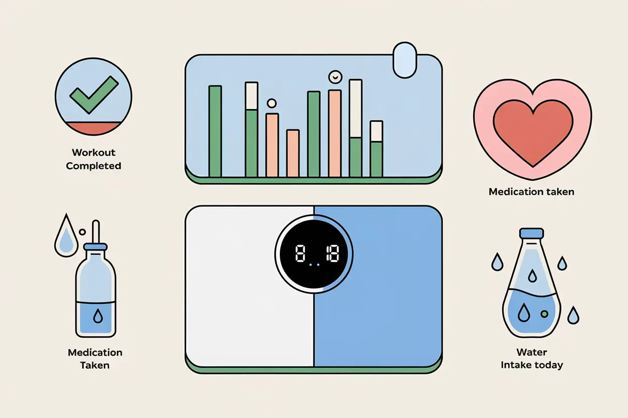 An illustration of a smart home dashboard with wellness features. There is a circle with a green checkmark for "Workout Completed". There's a bar graph showing the user's daily step count. There's a digital scale with the user's weight. There's a circle with a heart for "Medication Taken". There's a water bottle icon with a few drops of water for "Water Intake Today".