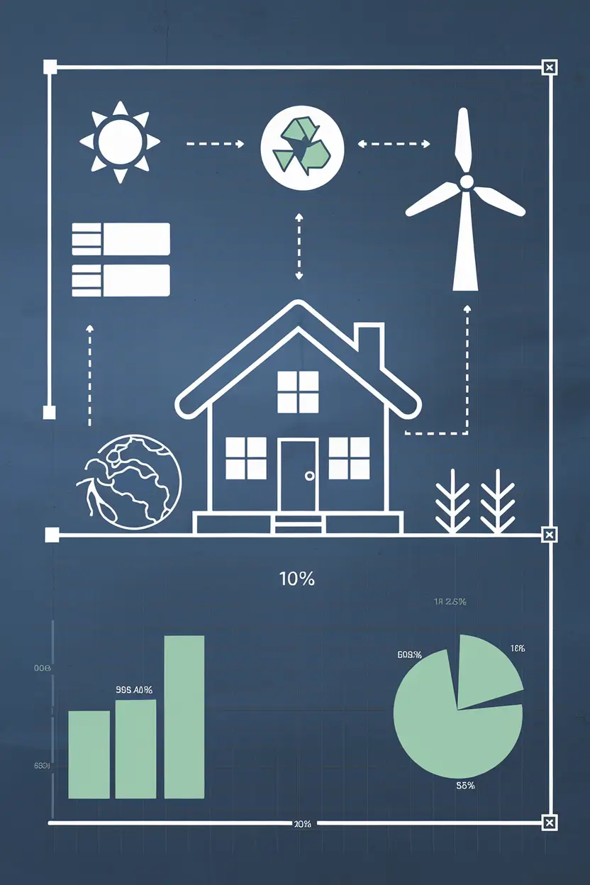 An infographic-style illustration on a blueprint background. There are icons of a house, a sun, a wind turbine, and a recycling symbol. There are data visualizations of a bar graph and a pie chart. The text "Eco-homes: Sustainable Living for a Green Planet" is at the top.