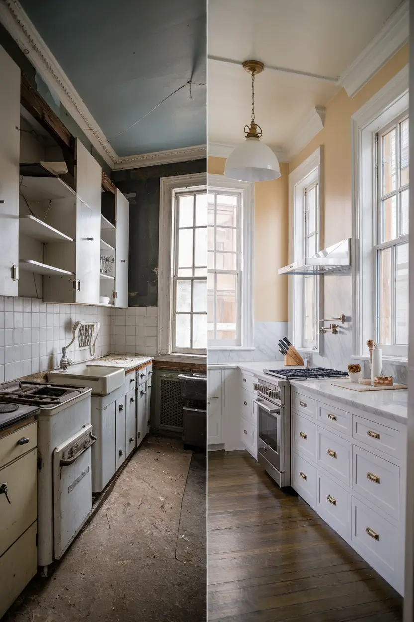 A professional interior photography style image of a side-by-side comparison of a historic home kitchen renovation. The left side shows the original cramped, dark kitchen with damaged cabinets, outdated appliances from the 1970s, and poor lighting. The right side shows the transformed space with bright white cabinetry, marble countertops, modern appliances, pendant lighting, while maintaining the original window frames and ceiling height.