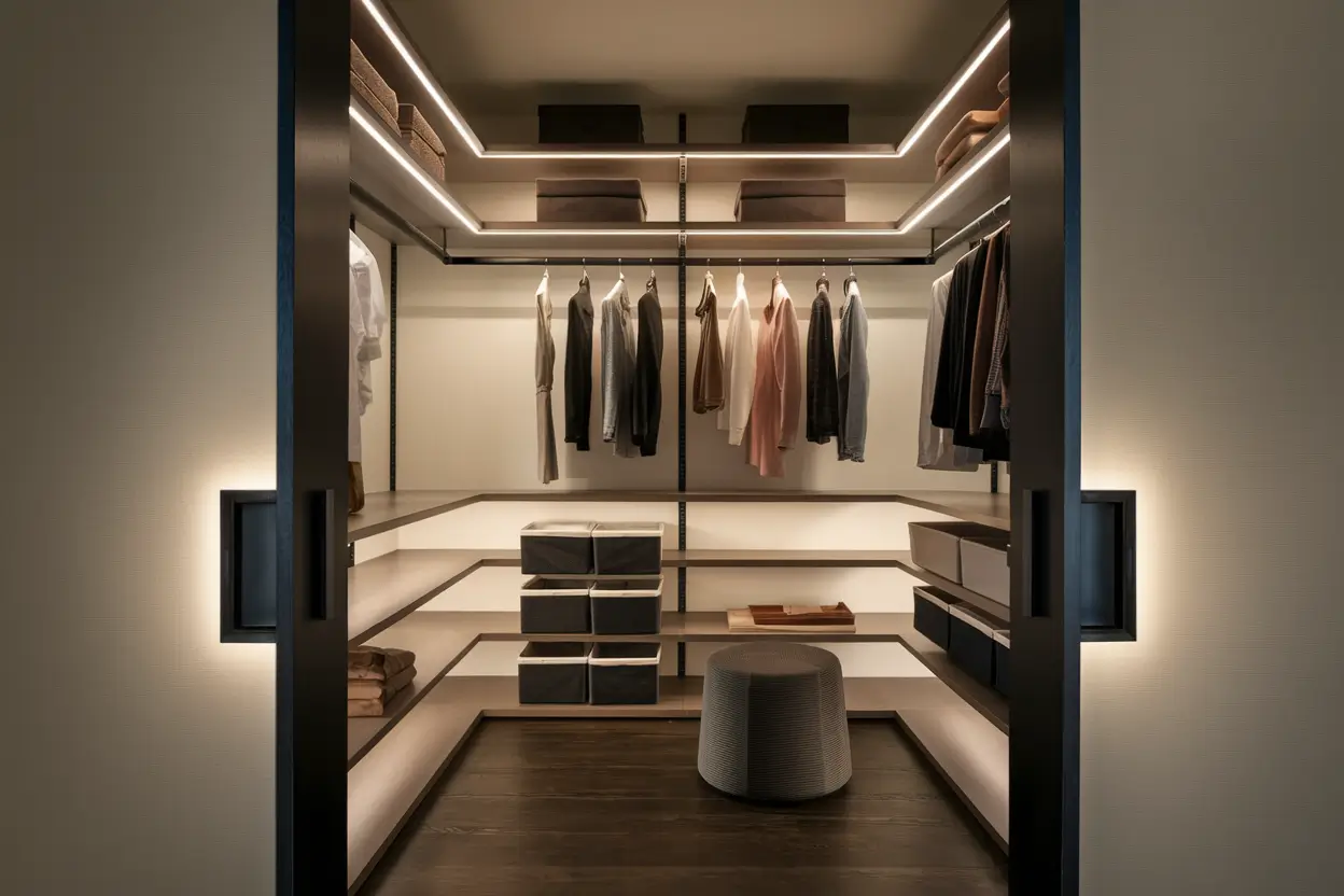 A photo of a sleek walk-in closet with motion-activated lighting. As the door is opened, the lighting turns on, highlighting the organized shelves and hanging clothes. The closet has a minimalistic design with wooden shelves and hangers. There are also a few storage bins and a small stool. The floor is made of dark wood. The background is a light-colored wall.