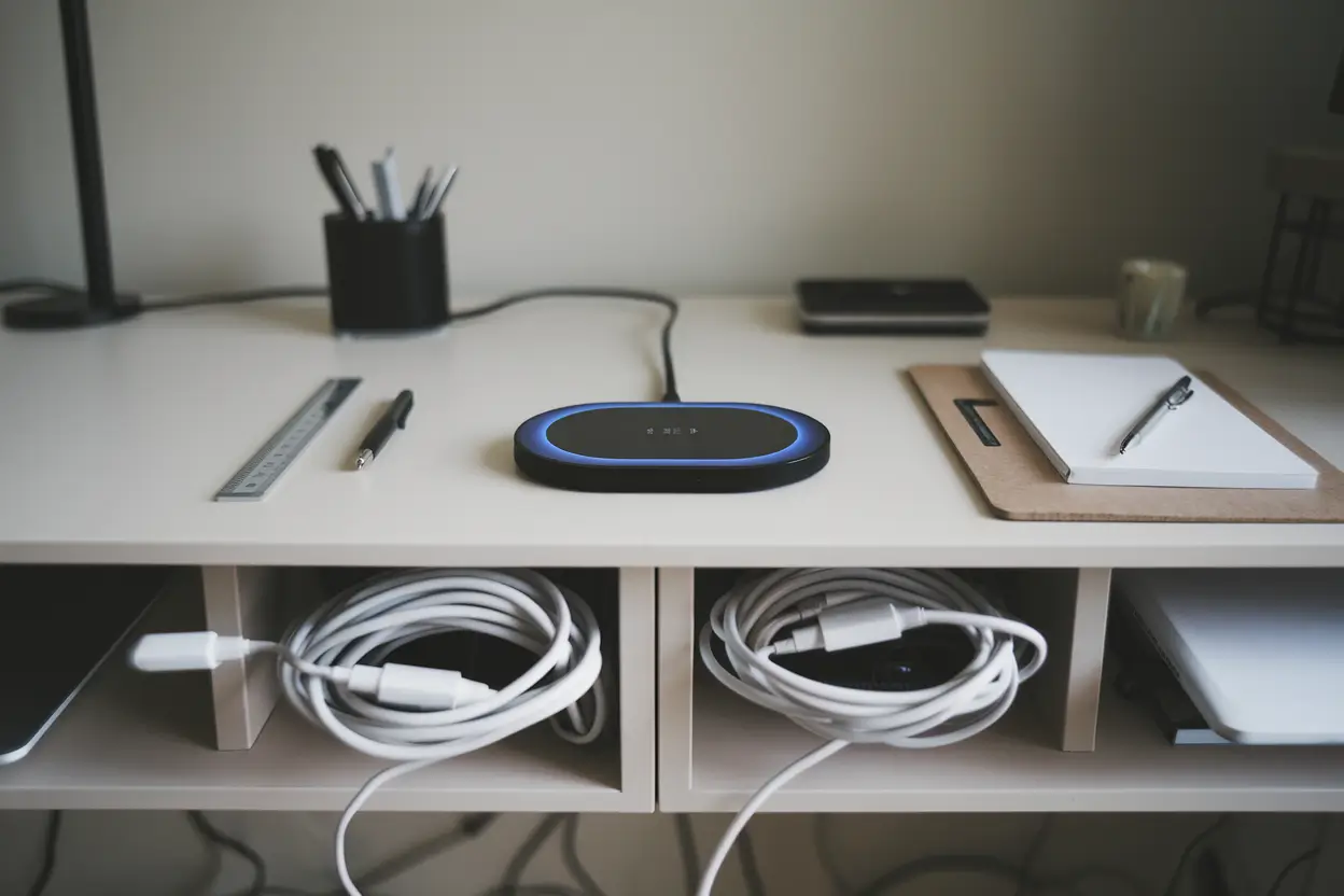 A photo of a minimalist workspace. There is a wireless charging station on the desk, with neatly arranged desk accessories such as a pen, a ruler, and a notepad. There are well-hidden cables under the desk, which are neatly organized. The background is a plain wall.