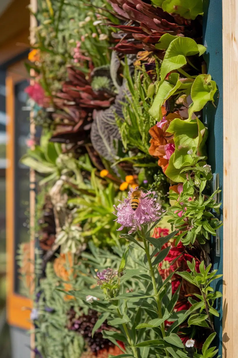 A close-up shot of a vibrant living wall on an eco-home exterior. The living wall is filled with a diverse array of native plants and flowers. A honeybee is in focus, hovering near a pink flower. The background contains the eco-home's wooden structure.