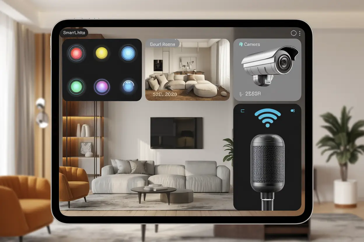 A tablet screen displaying a high-tech smart home interface. There are smart lights with various colors, security cameras showing different rooms, and a voice assistant with a microphone. The background is a modern living room with a sofa, a TV, and a plant.