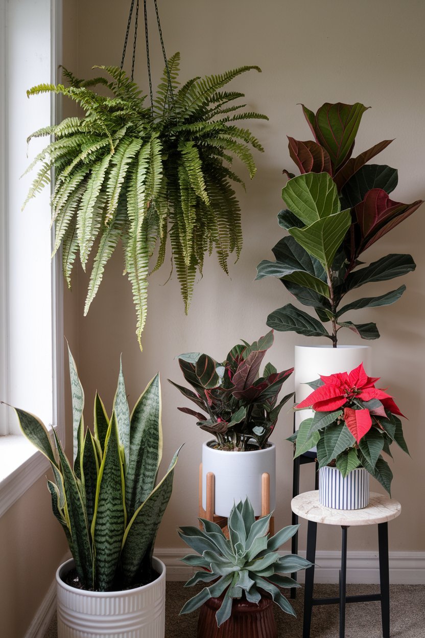 A photo of a thoughtfully arranged collection of both native and non-native plant species coexisting in a home environment. There is a Boston fern hanging near a window. On the floor, there is a snake plant, a ZZ plant, and a succulent. On a table, there is a fiddle leaf fig tree and a poinsettia. The background is a beige wall.