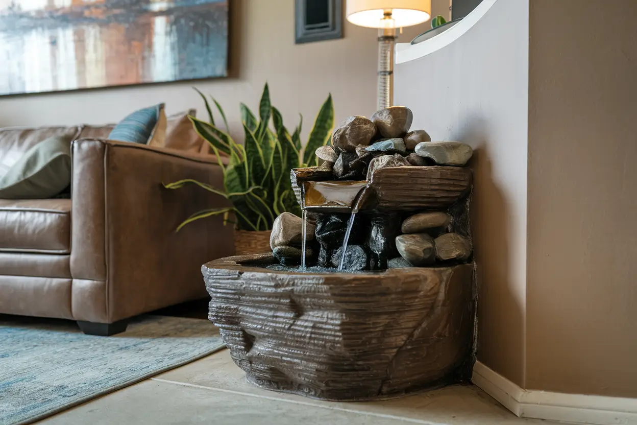 A photo of a small fountain with a rock base and water flowing over the rocks. The fountain is placed in a living room corner, with a couch, a plant, and a lamp nearby. The wall behind the fountain has a painting. The floor is covered with a rug. The lighting is soft.