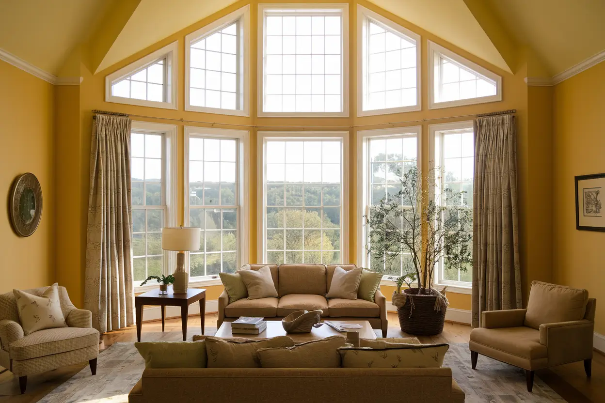 A living room with a sunlight-yellow color scheme and large windows. The room has a sofa, a coffee table, a lamp, and a plant. The walls and the ceiling are painted in sunlight yellow. There are curtains near the windows. The floor is made of wood. The windows provide a view of a lush green landscape.