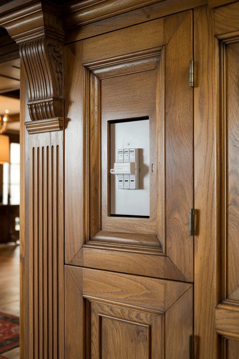 A photo of a contemporary electrical panel cleverly disguised as a custom cabinet door that matches the historic woodwork of a home. The panel is seamlessly integrated into the woodwork, preserving the original architectural details. The background reveals more of the home's interior.