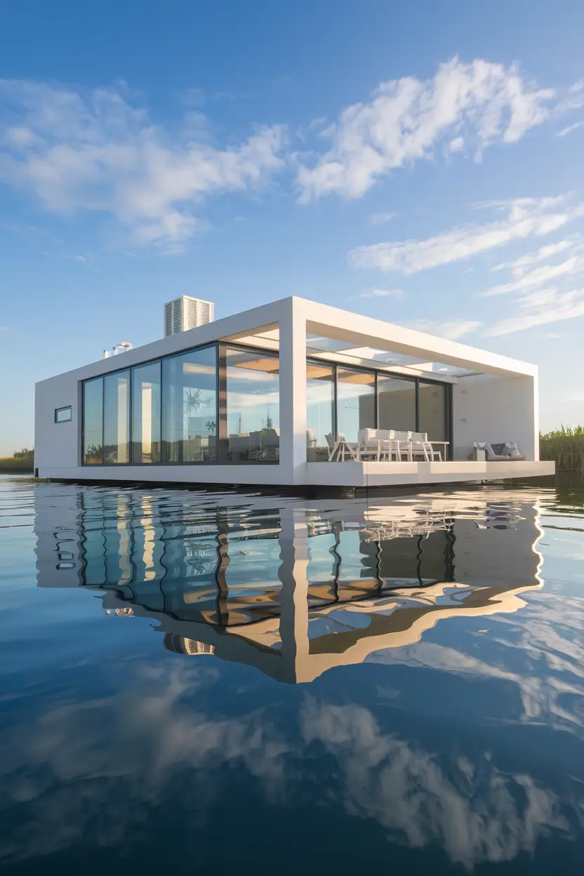 A photograph of a white, ultra-modern floating home with a clean minimal design. The home has a glass structure and appears to hover above the water surface. The reflection of the home is perfectly mirrored in the still water. The background is a blue sky with a few clouds. The home has contemporary lines and features an outdoor deck space. Sustainable design elements are visible. The image is photographed from the water level during early morning with crisp lighting.