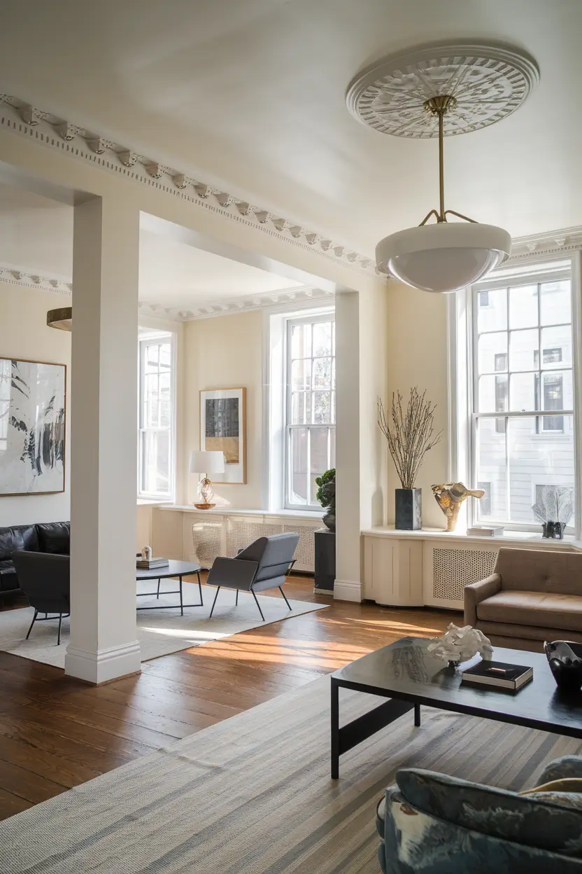 A professional architectural photograph of a renovated home's main living area. The room has a blend of historic and modern elements. The original restored hardwood floors, ceiling medallion, and crown molding are present. Contemporary furniture, lighting fixtures, and artwork are also in the room. Large windows allow natural light to highlight both the preserved historic elements and thoughtful modern additions. The lighting is soft and natural.
