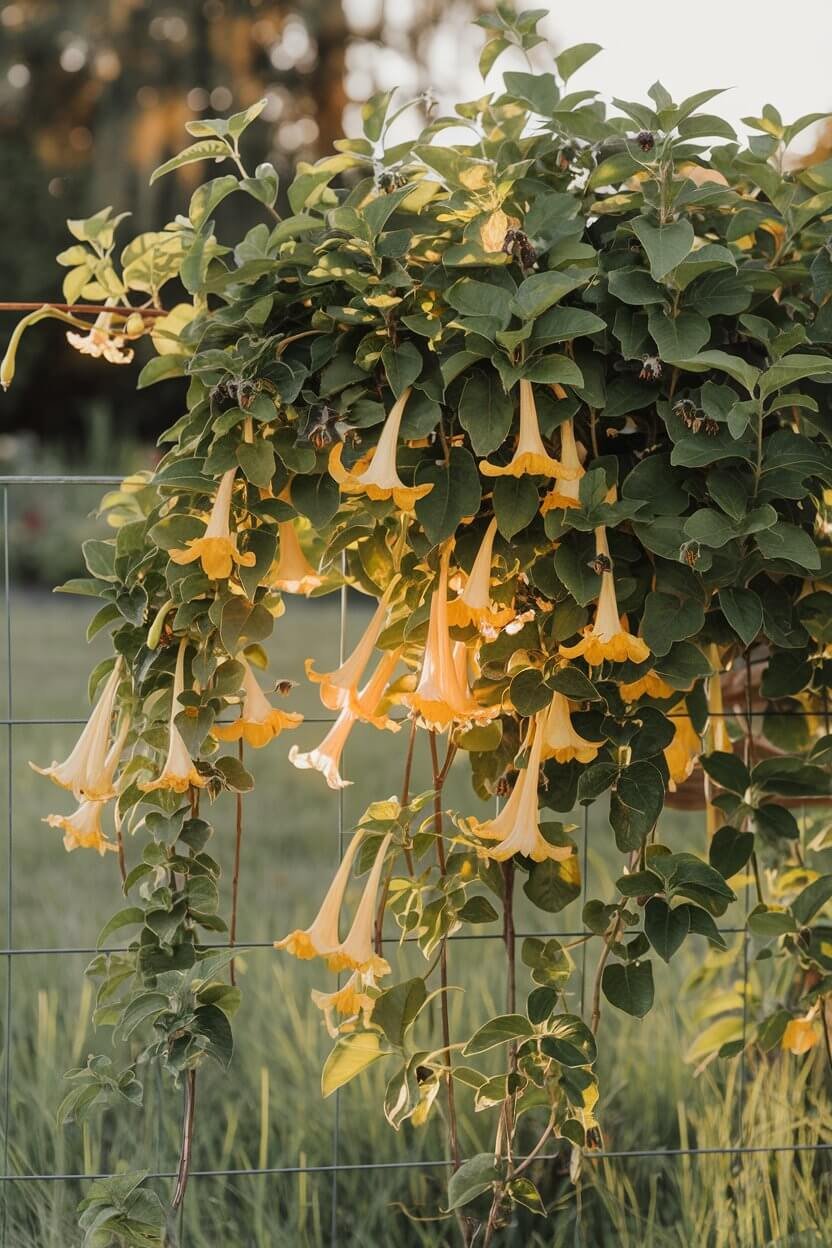A photo of a Carolina Jessamine vine covering a simple garden fence. The vine has glossy green foliage and bright yellow trumpet-shaped flowers. The sunlight is streaming through, creating dappled light patterns on the fence and ground. There are several bees visiting the fragrant blooms. The lighting is warm and golden. The background is a serene garden setting.