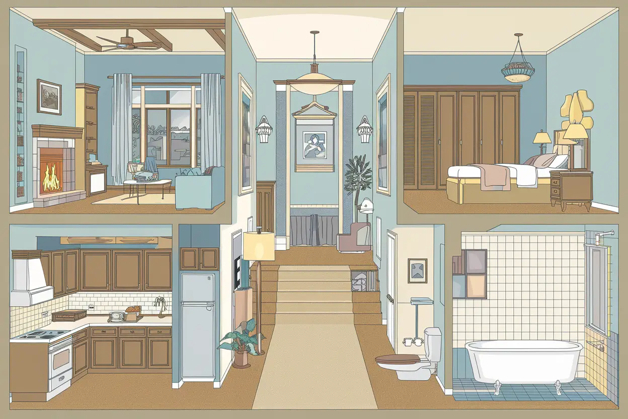 A diagram of a wellness-centric home with elements such as a living room with a fireplace, a kitchen with a stove and sink, a bedroom with a bed and closet, and a bathroom with a tub and toilet. There is a central hallway with a lamp and a plant. The walls are painted in soft hues of blue and beige. The floors are covered in beige carpeting. A soft light illuminates the space.
