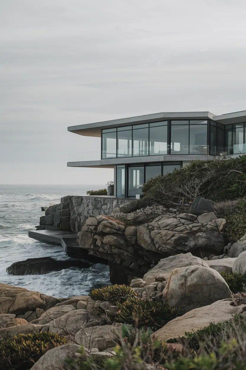 A photo of a contemporary oceanfront home with hurricane-resistant design features. The house has a sleek, minimalist design with large windows that offer panoramic views of the ocean. The house is built on a rocky outcrop and features a cantilevered section. The exterior is made of concrete and glass. The landscaping is rugged and natural, with large boulders and sparse plants. The water is rough and the sky is overcast.