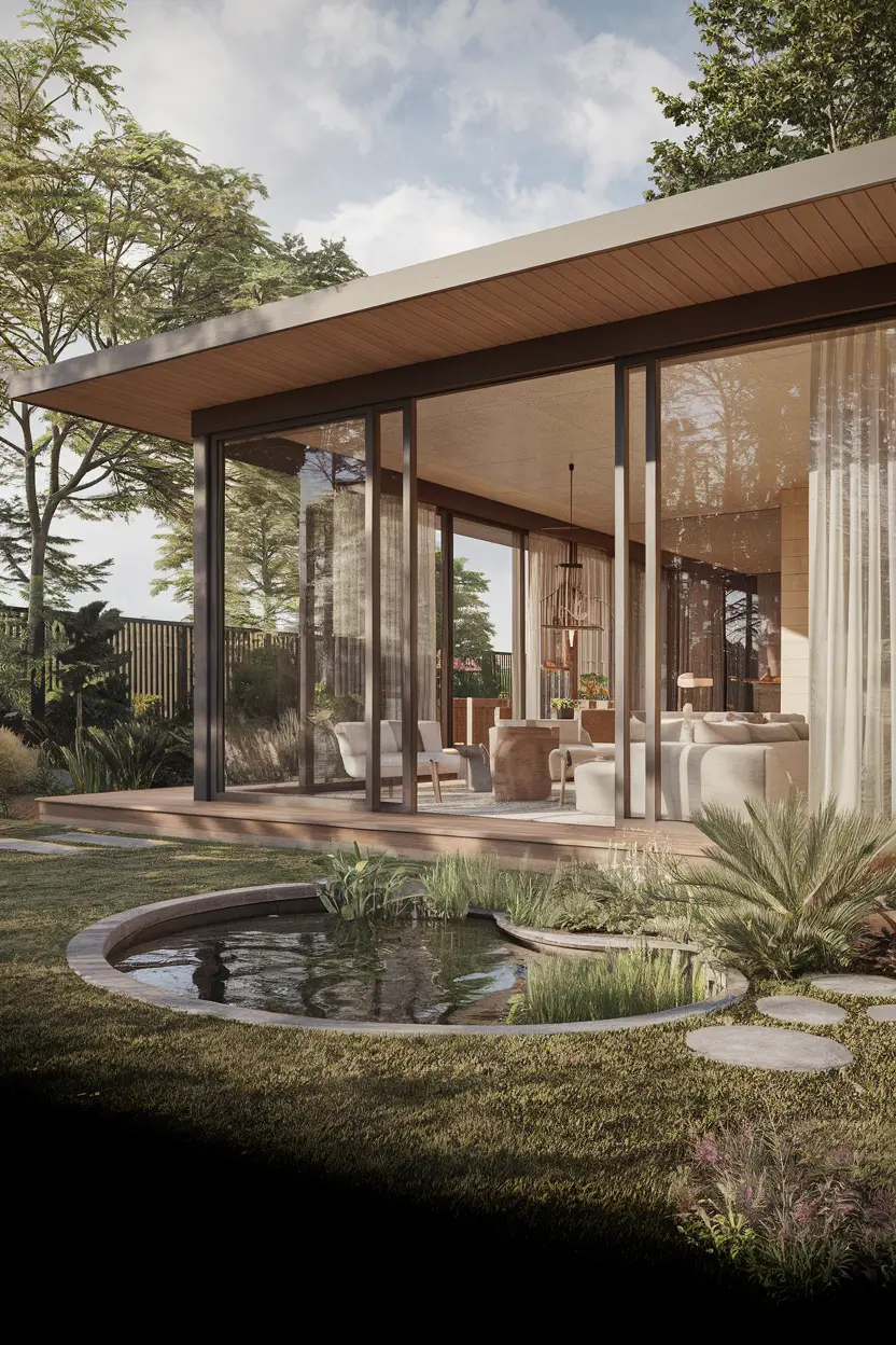 A rendered cross-section of an eco-home's indoor-outdoor living space. The home has a flat roof and is made of wood and glass. The indoor-outdoor living space features retractable glass walls that open to a naturalistic garden with a small pond. The garden has a variety of plants, including trees, shrubs, and ground cover. There is a wooden deck near the pond. The home has a minimalist interior design with a few pieces of furniture.